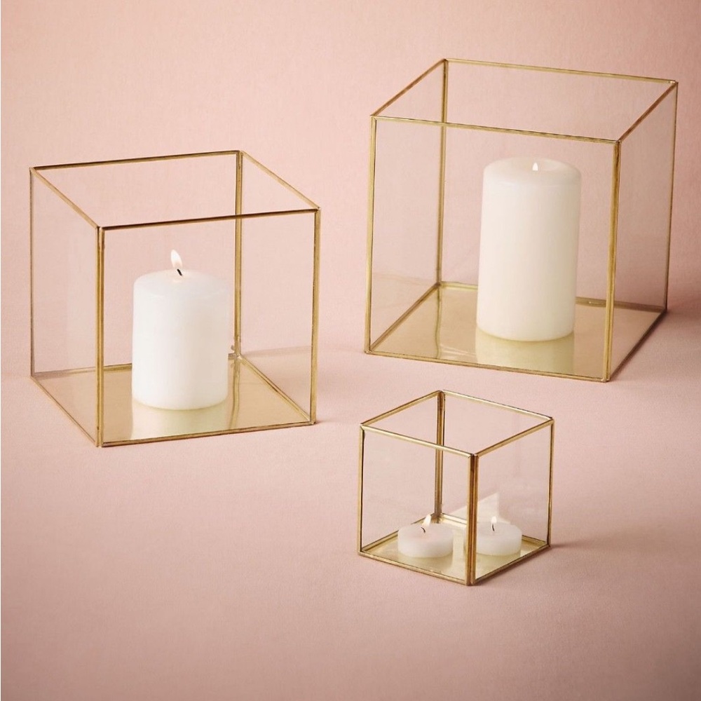 BHLDN MEDIUM SQUARE GOLD GLASS LANTERN CANDLE HOLDER WEDDING DECOR